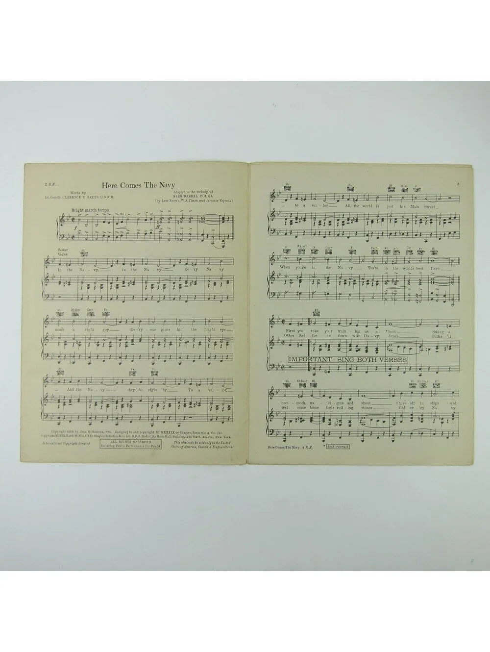 Sheet Music Here Comes The Navy Lt Cmdr Clarence P Oakes WW2 WWII Vintage 1943